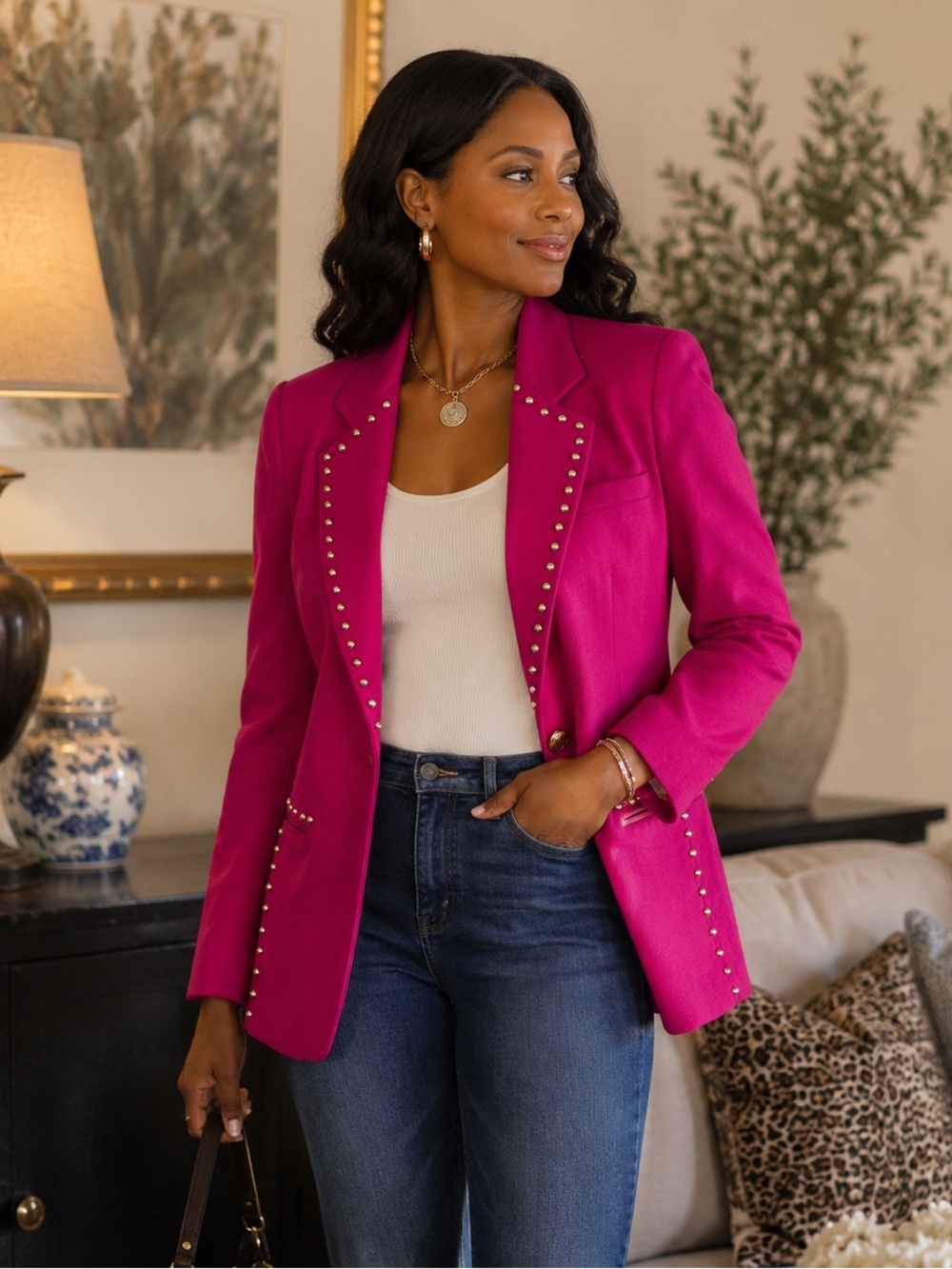 🩷Vintage  Fuchsia Studded Single-Button Blazer-Y2K-EUC